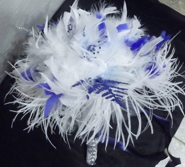 WINTER WEDDING Blue & White Ostrich Feather Snowflake Bridal Bouquet - Crystal Snowflakes Lace Bride Bouquets Navy Baby Feathers Large