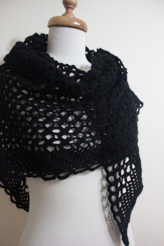 Black Shawl Crochet Triangle Stole Wrap Scarf. Winter Accessories. Office Fashion