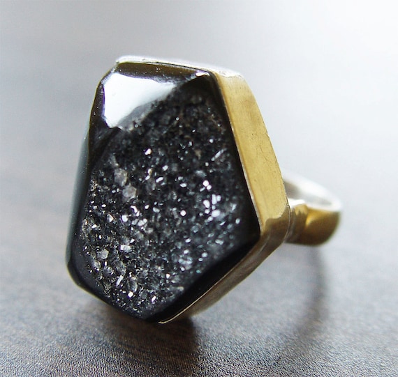 Noir Black Druzy Silver Ring