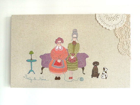Embroidery Original Art Canvas - 'Betty & Nora' Figurative Textile Artwork. Purple, orange, turquoise, olive