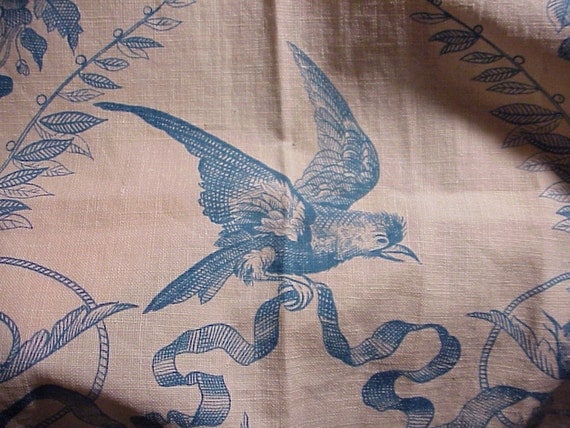ALL 5 PIECES Antique French Fabric Blue Bird Toile 19th century