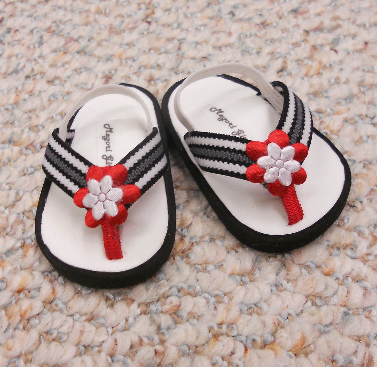 American Girl Shoes fits 18" Doll  Flip Flop Sandals  Black and White with Red Flower