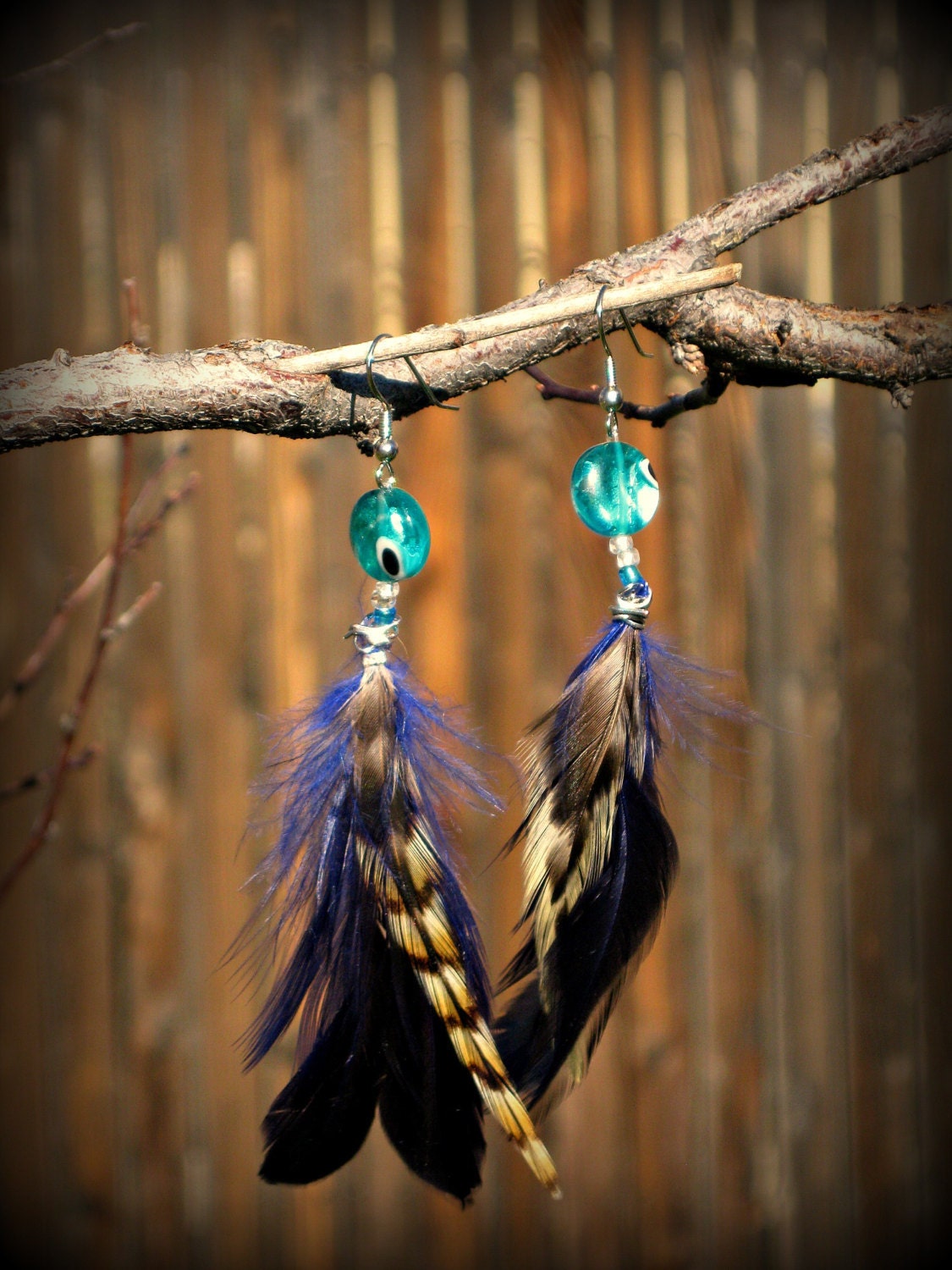 Macaw// Customizable, Handmade Blue and Tan Striped Feather Earrings with Blue Glass Bead and Wire Wrapping