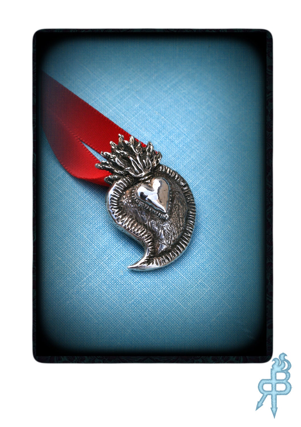 Sterling Silver Flaming Heart Pendant-SACRED HEART-Coeur Sacre