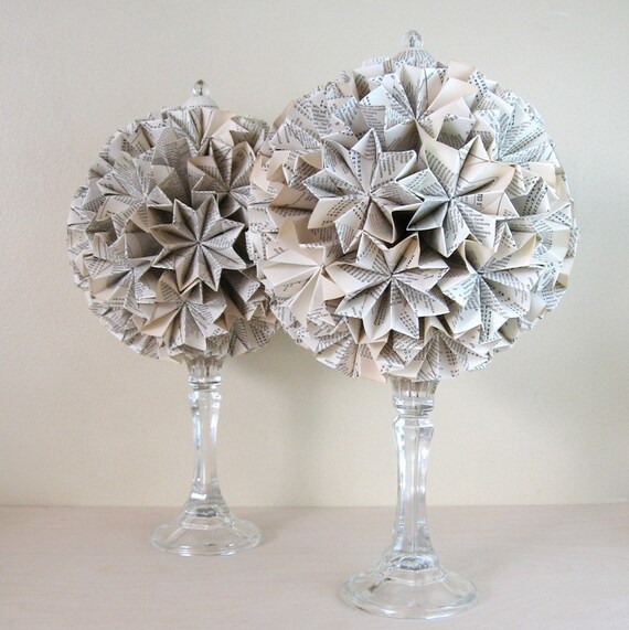 Paper Topiary Set - Origami Kusudama - Eco Decor - Recycled Map Paper
