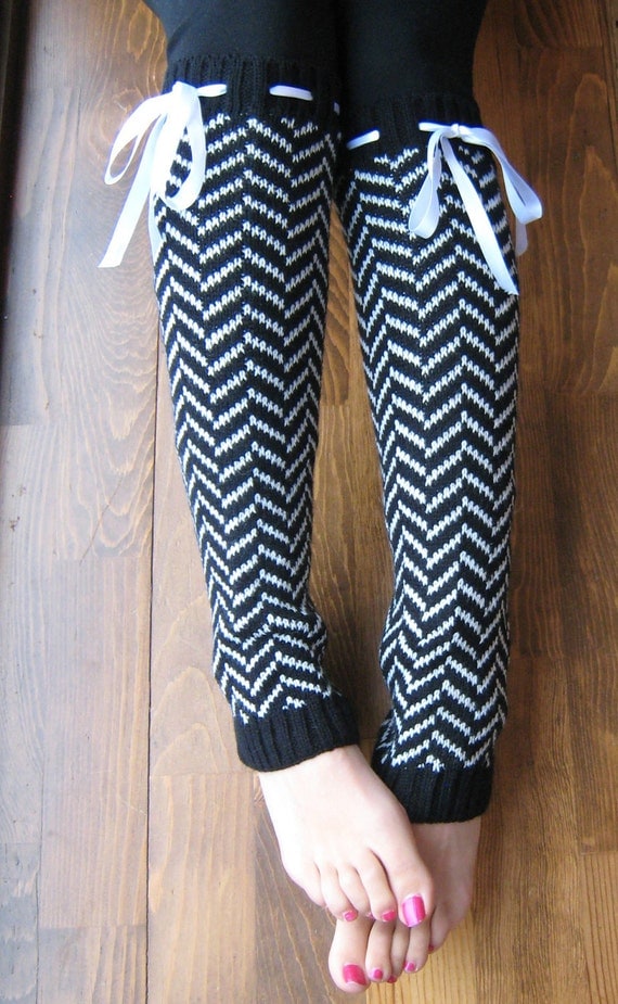 Chevron Weave : BLACK Chevron Legwarmers w/ Ivory Woven Ribbon (Item no. 2-2)