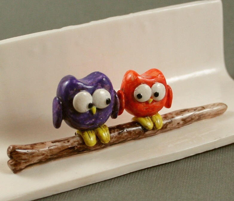 Hand Sculpted Business Card Holder - Little Owls In Purple And Orange