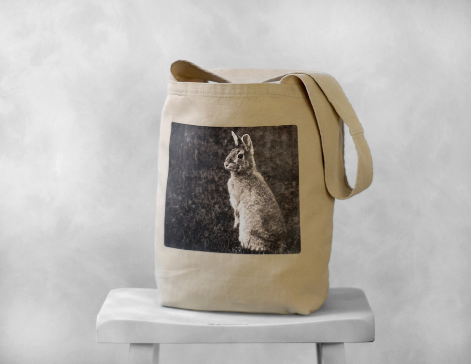 Purse Tote Canvas Bag - Woodland Bunny - Mademoiselle Lapina - Stone Beige