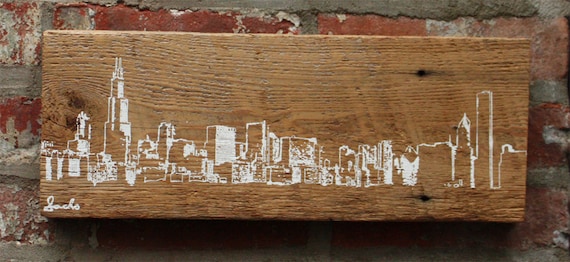White Chicago Skyline Reclaimed barn wood screen printed wall hanging