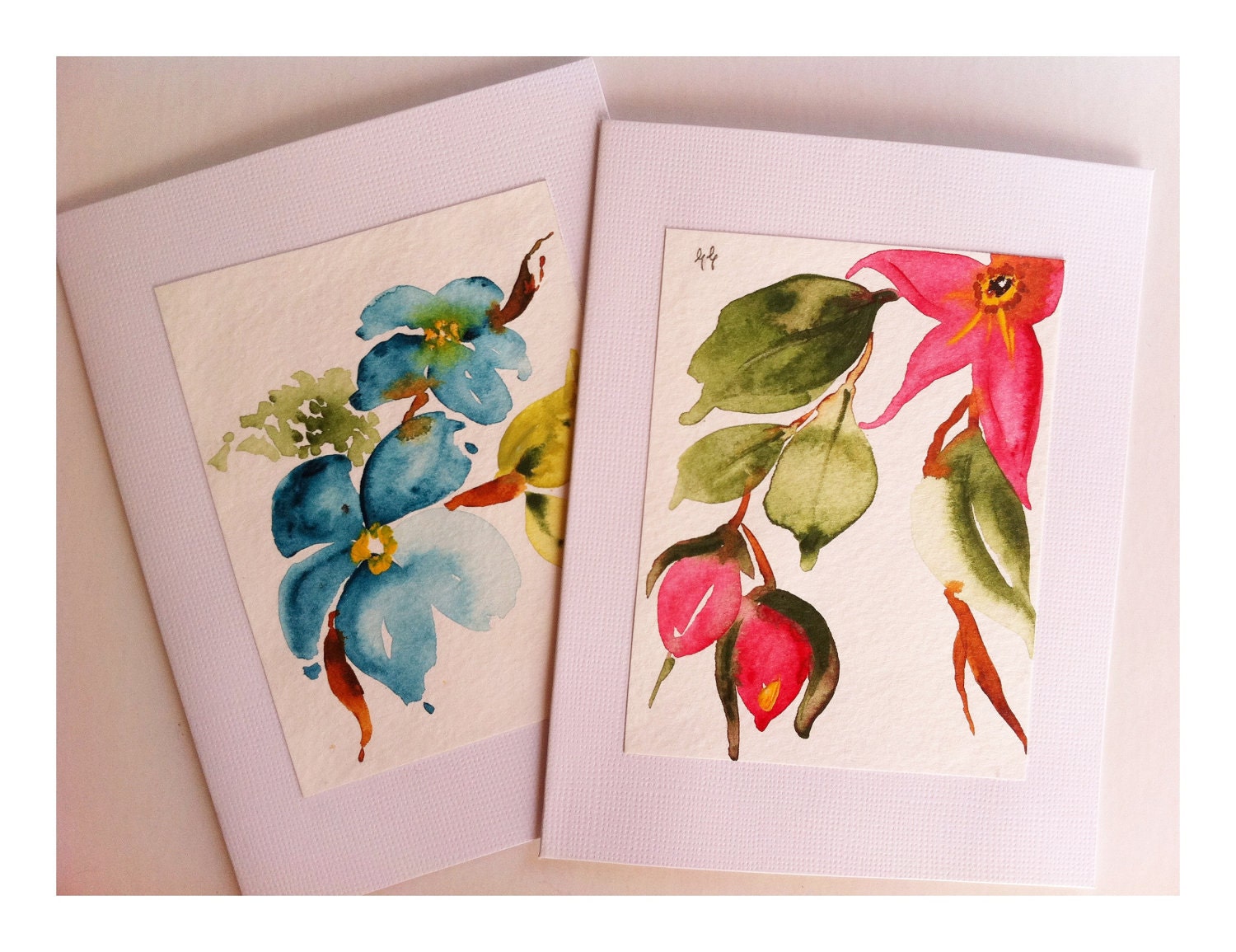 Hand Painted Cards, Watercolor Flowers, Botanical Art, Holiday Cards, Original Art, Set of two, Red, Green, Blue, OOAK