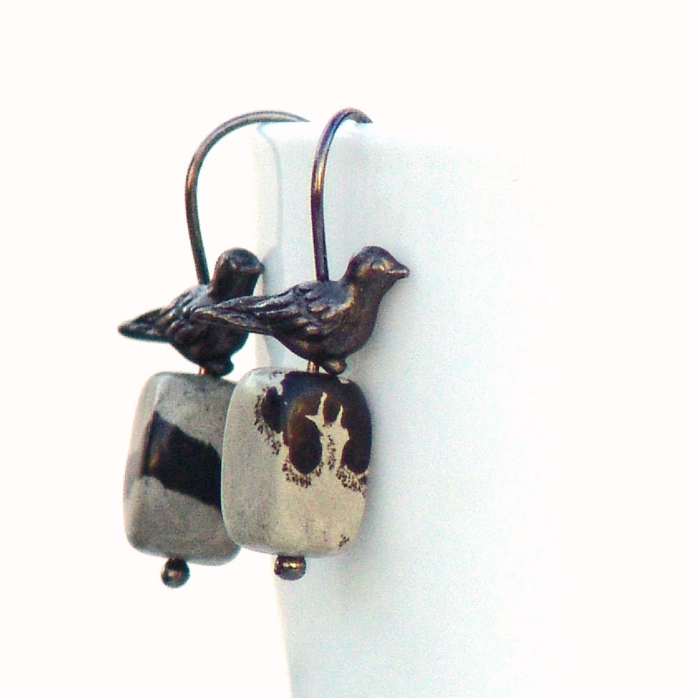 Winter Bird Gemstone Earrings Dangle Black by galleryzooartdesigns on Etsy from etsy.com