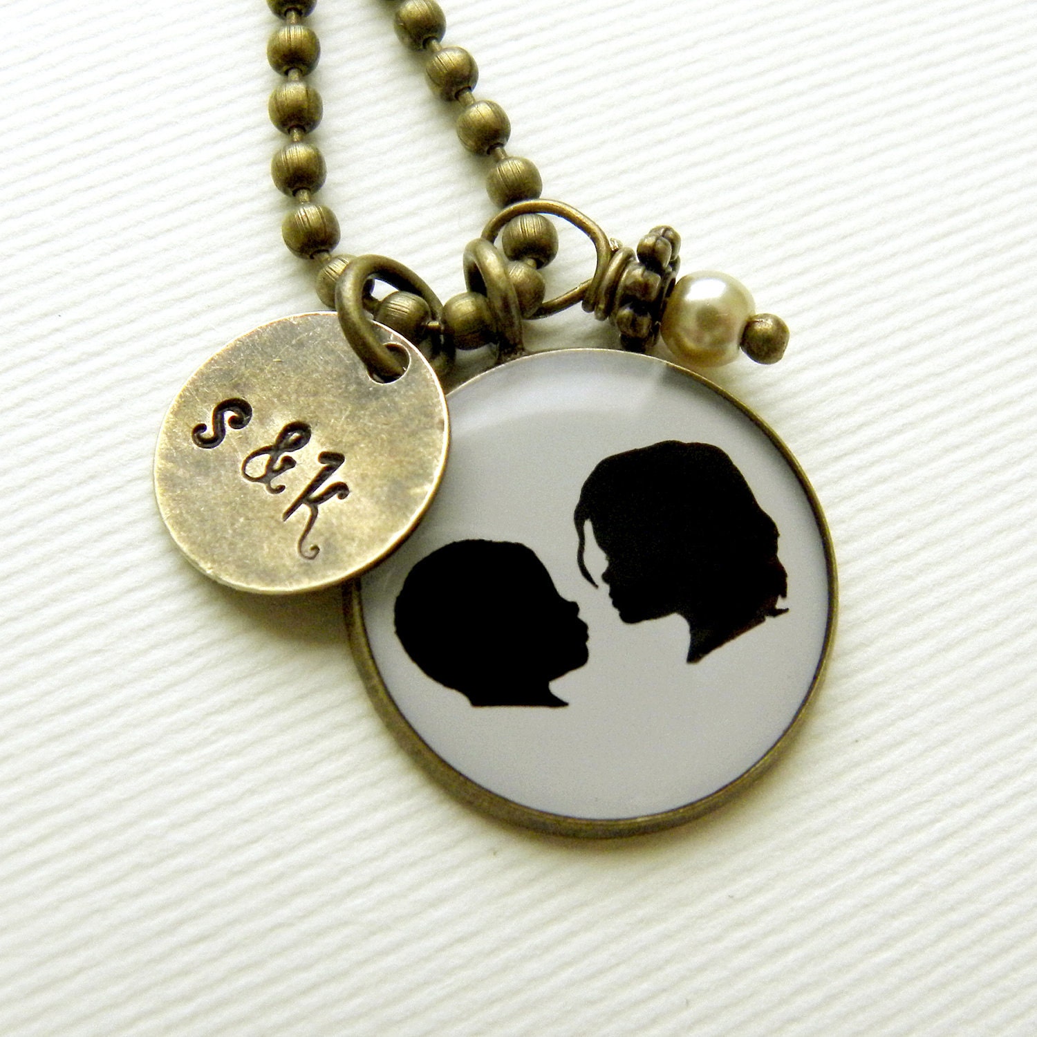 Silhouette Necklace with 2 custom silhouettes in Brass with Stamped Initial tag & Pearl Dangle