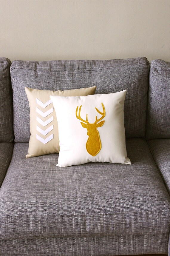 Mustard & Nude decorative Pillow Cushion  - Deer Head Buck 14X14