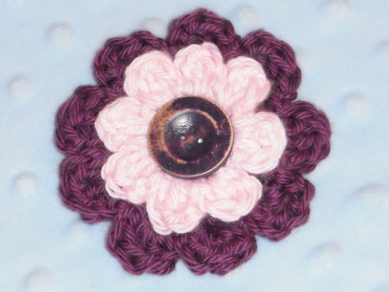 Purple & Pink Crochet Flower Hair Clip with Brushed Purple Button- Large