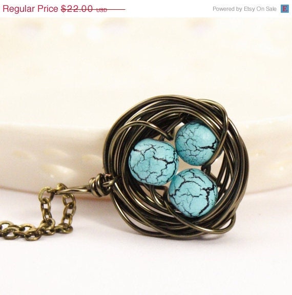 HOLIDAY SALE - Sweet Bird Nest Necklace With Robins Eggs - Gift For Mom