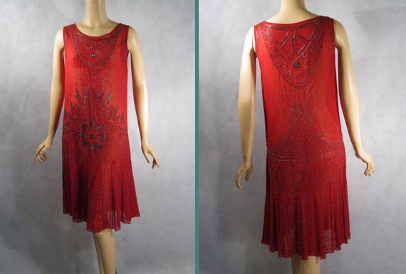 SALE Vintage 1920s Flapper Dress Red Silk Chiffon Beaded B38