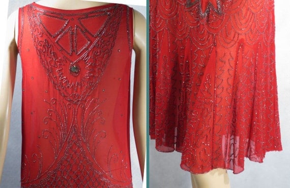 SALE Vintage 1920s Flapper Dress Red Silk Chiffon Beaded B38