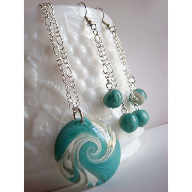 Teal Jewelry - Necklace and Earring set - Swirl Lentil Bead - Teal, White, Aqua, Turquoise - Polymer Clay
