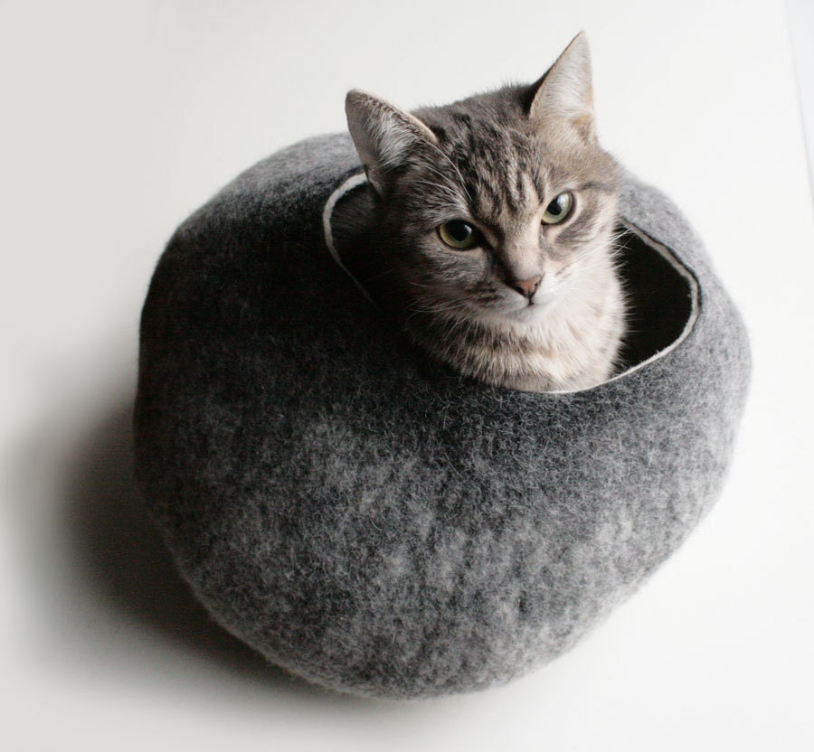 Warm Gray Stone - Hand Felted Wool Cat Bed / Vessel - Crisp Contemporary Design