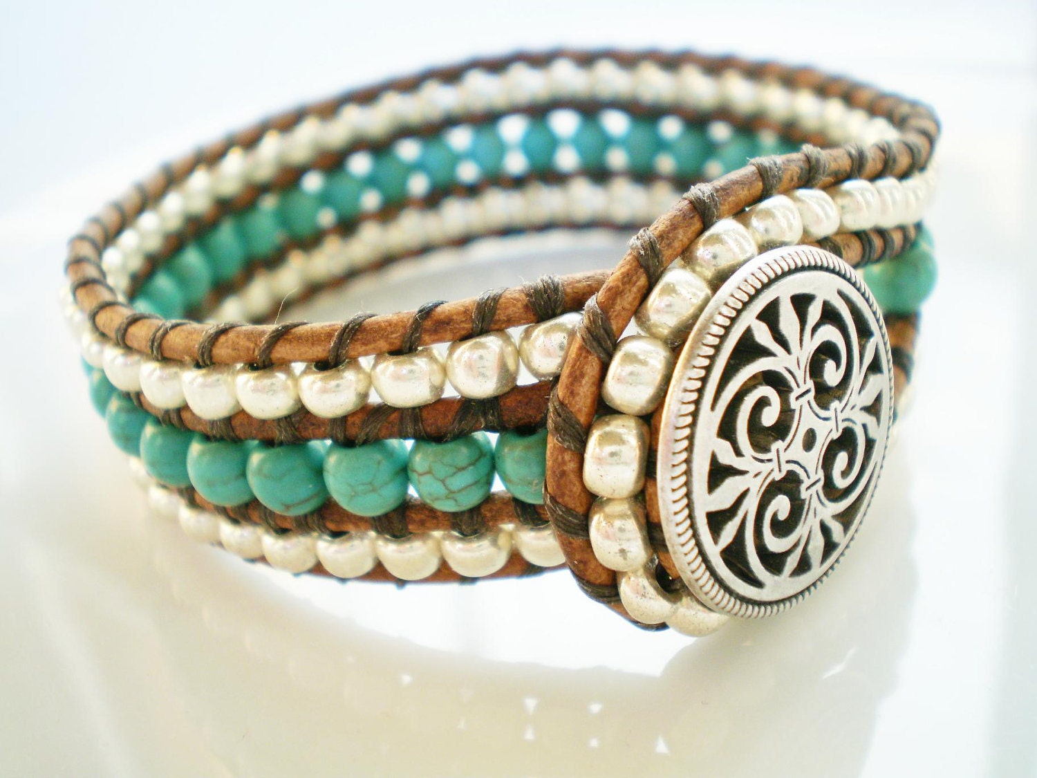 Turquoise Single Leather Wrap Bracelet Cuff- RopesofPearls