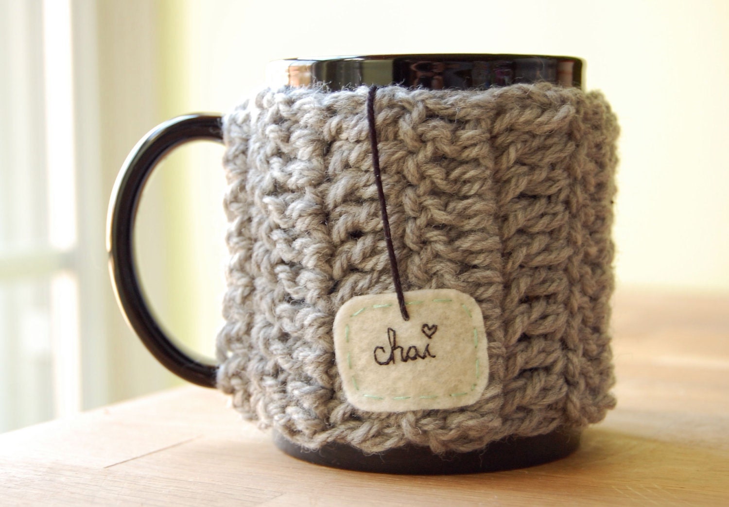 Personalize Chai Love Mug Cozy Crochet Light Grey Tea Cup Cosy - Made to Order
