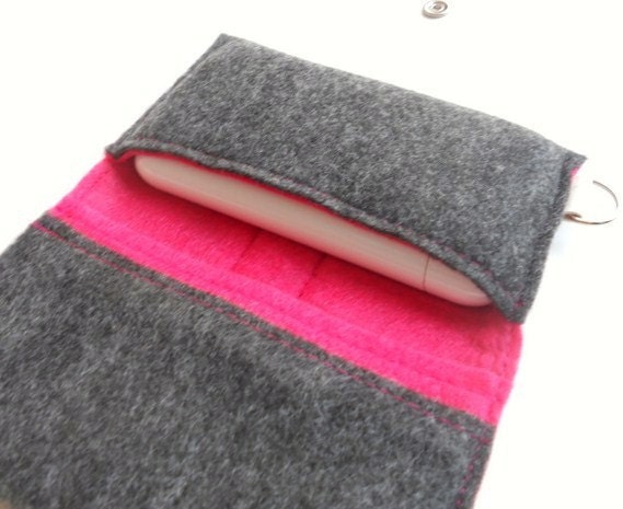 Cell Phone wallet in dark gray and bright pink eco wool and vegan faux leather