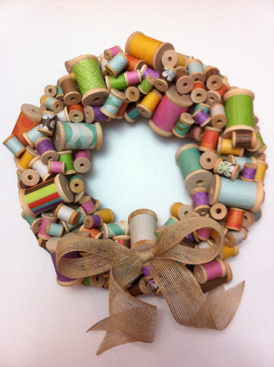 Colorful Wooden Spool Wreath with Burlap Bow - 8 inch