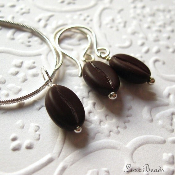 Dark Roast - Coffee bean pendant necklace and matching earrings