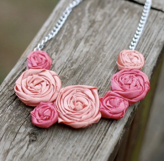 Orange Peach and Fuschia Satin Warm Flower Statement Bib Necklace - Featured on Etsy Front Page