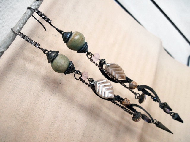 The Pearl and the Mouse. Shoulder Duster Dangles with Ceramic Art Beads. Rustic gypsy assemblage with rhinestones.