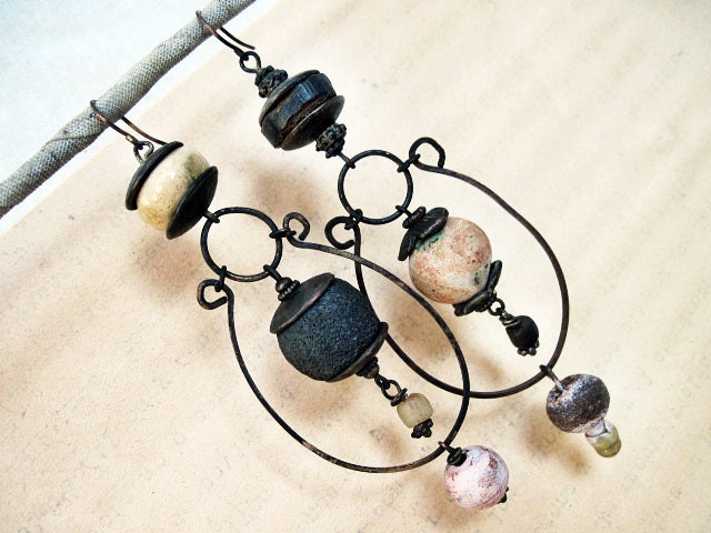 Tribal Dangles with Ceramic Art Beads. Rustic gypsy asymmetrical assemblage.