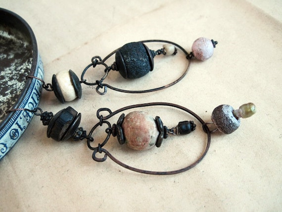 Tribal Dangles with Ceramic Art Beads. Rustic gypsy asymmetrical assemblage.