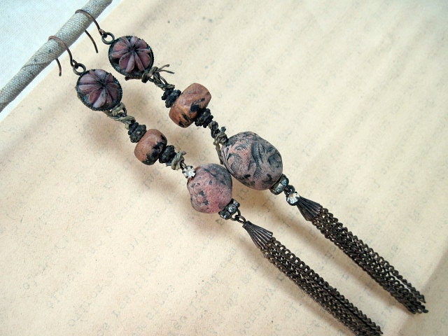 Rustic Assemblage Shoulder Duster Dangles with Polymer Art Beads.