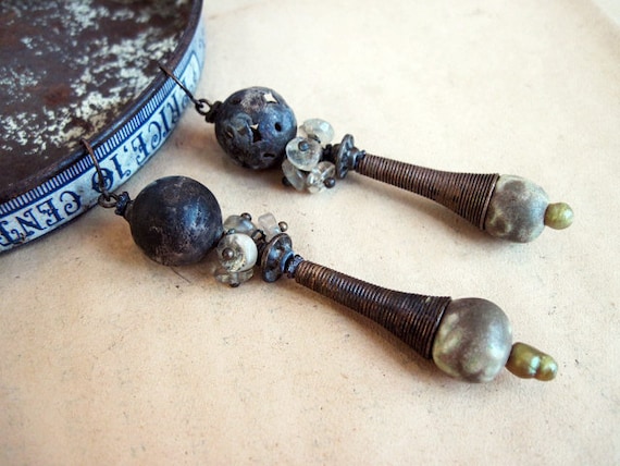 Tribal dangles with ceramic art beads and aquamarine gemstones. Rustic oxidized gypsy assemblage.