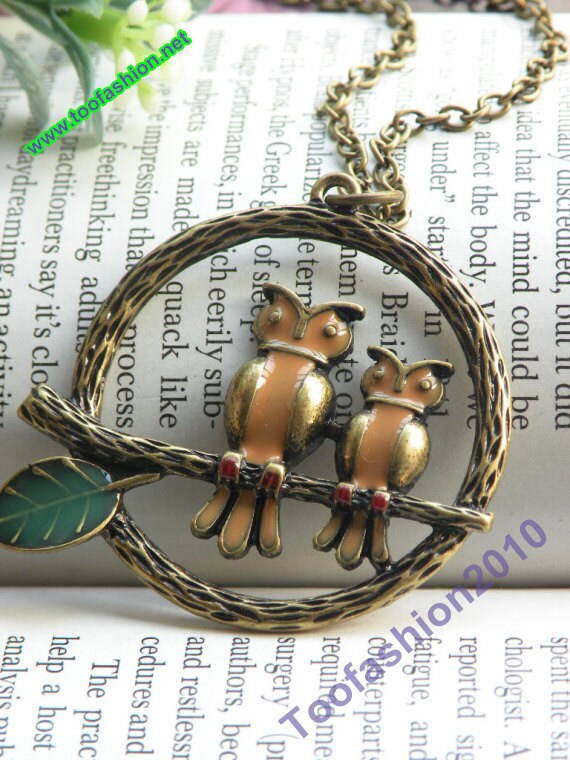 Pretty retro copper 2 owls birds on branch necklace pendant vintage style