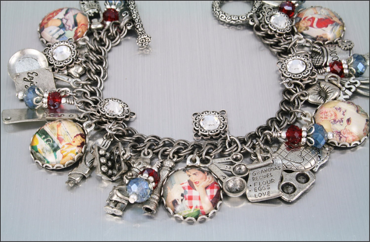 Charm Bracelet, Kiss the Cook, Cooking and Baking, Kitchen, Vintage Inspired