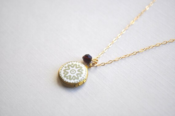 Daisy Locket Necklace - round locket sage green white garnet flower design gold filled - simple modern jewelry