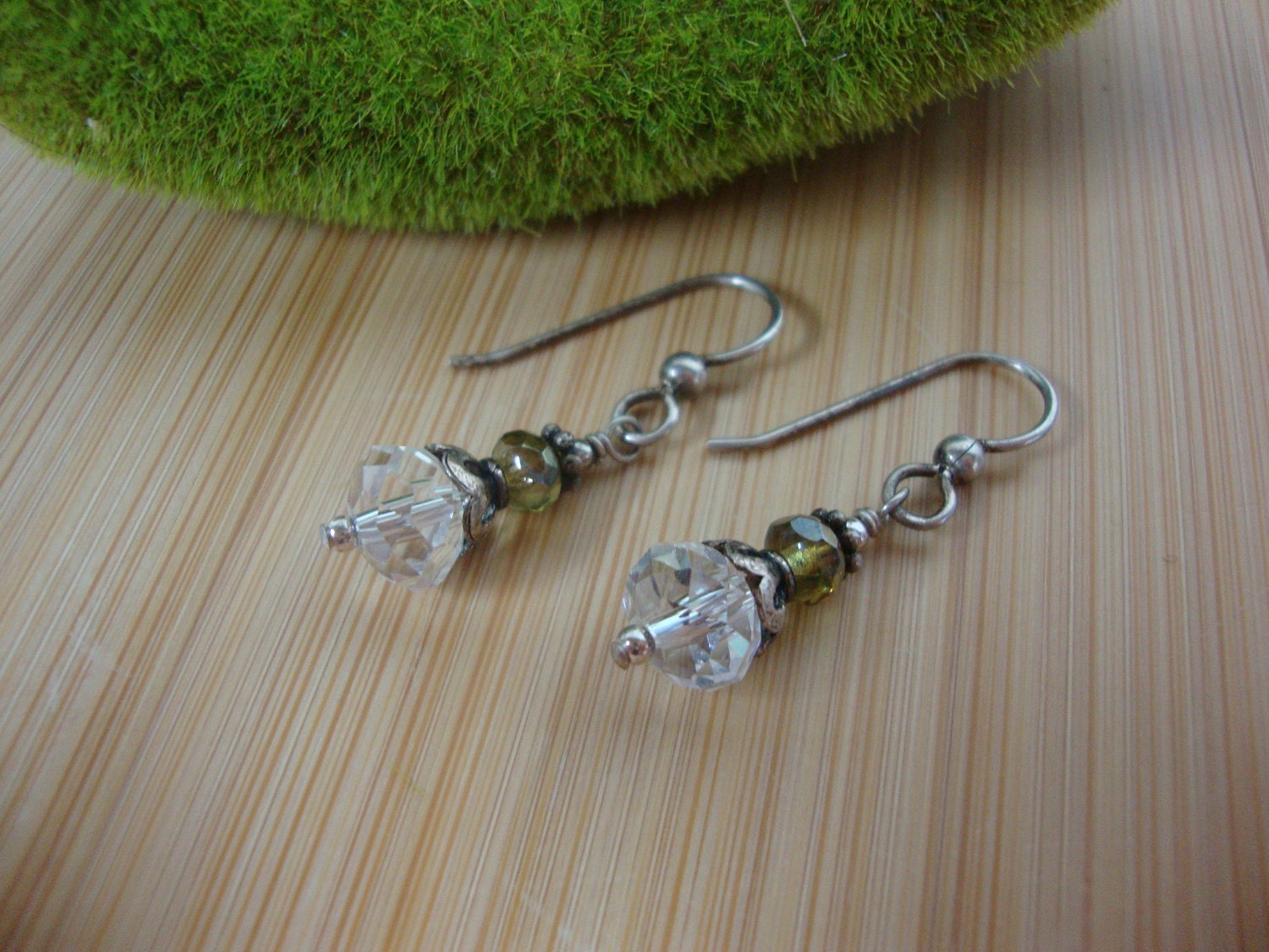 Antiqued Crystal Earrings-Green And Clear Preview 3