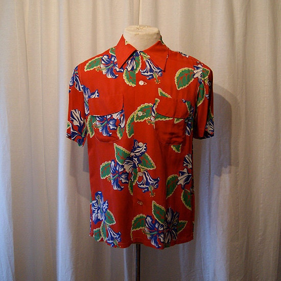 Vintage 1940's Hawaiian red rayon floral print button front shirt Aloha by Mele Kaikimaka  rockabilly WWII - size XL