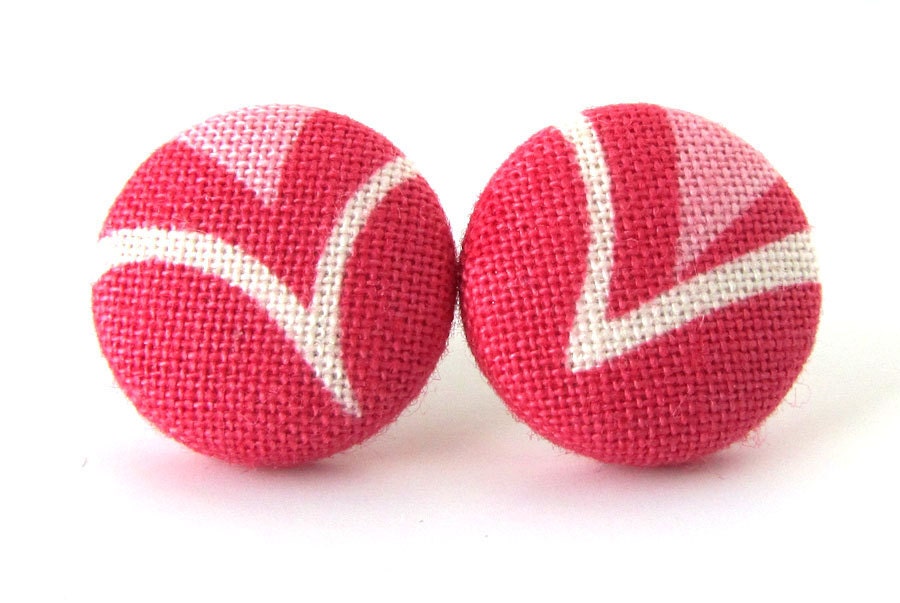 Stud earrings button cute pink white red heart up cycled