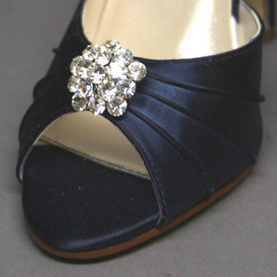 Custom Wedding Shoes Navy Blue Peeptoes with Silver Rhinestone Adornment