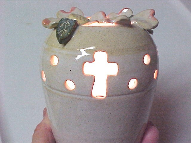 Christian Cross Design Dogwood Pottery Small Table Lamp Night Light Handmade White Pink Green