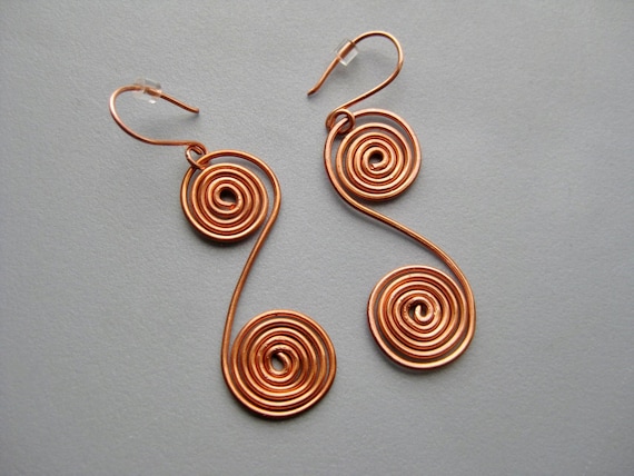 Patina Solid Copper Wire Long Swirl Tribal Simple Earrings From belleazure