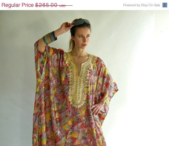 Holiday Sale Vintage 60s 70s Caftan Maxi Dress Gold by empressjade
