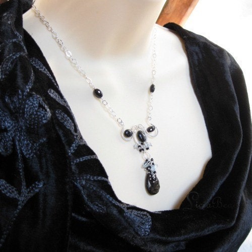 Wire wrapped gemstone necklace  Blue Topaz, Black Spinel, Tourmalinated Quartz on sterling silver