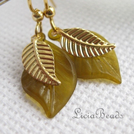 Deciduous - olive green and gold leaf earrings