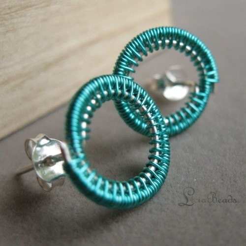 Seafoam Circles (small) - wirewrapped sterling silver circle earrings
