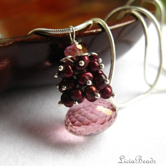 Raspberry Briolette, Pink Quartz and freshwater pearl cluster necklace