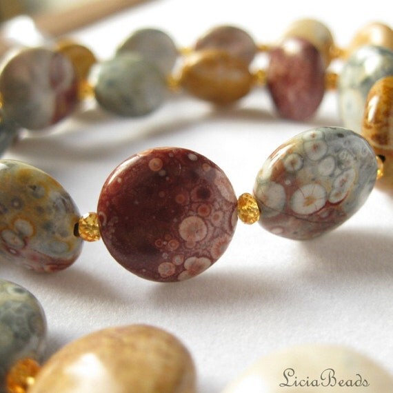 Business casual gemstone necklace in Mexican Sky Eye Jasper and mandarin garnet spacers