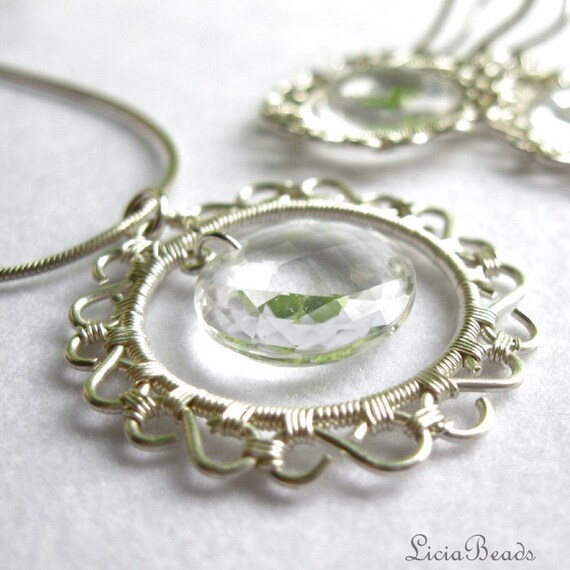 Cordelia - Quartz Crystal coin briolette with sterling wire wrapped lace circle pendant, sterling silver necklace